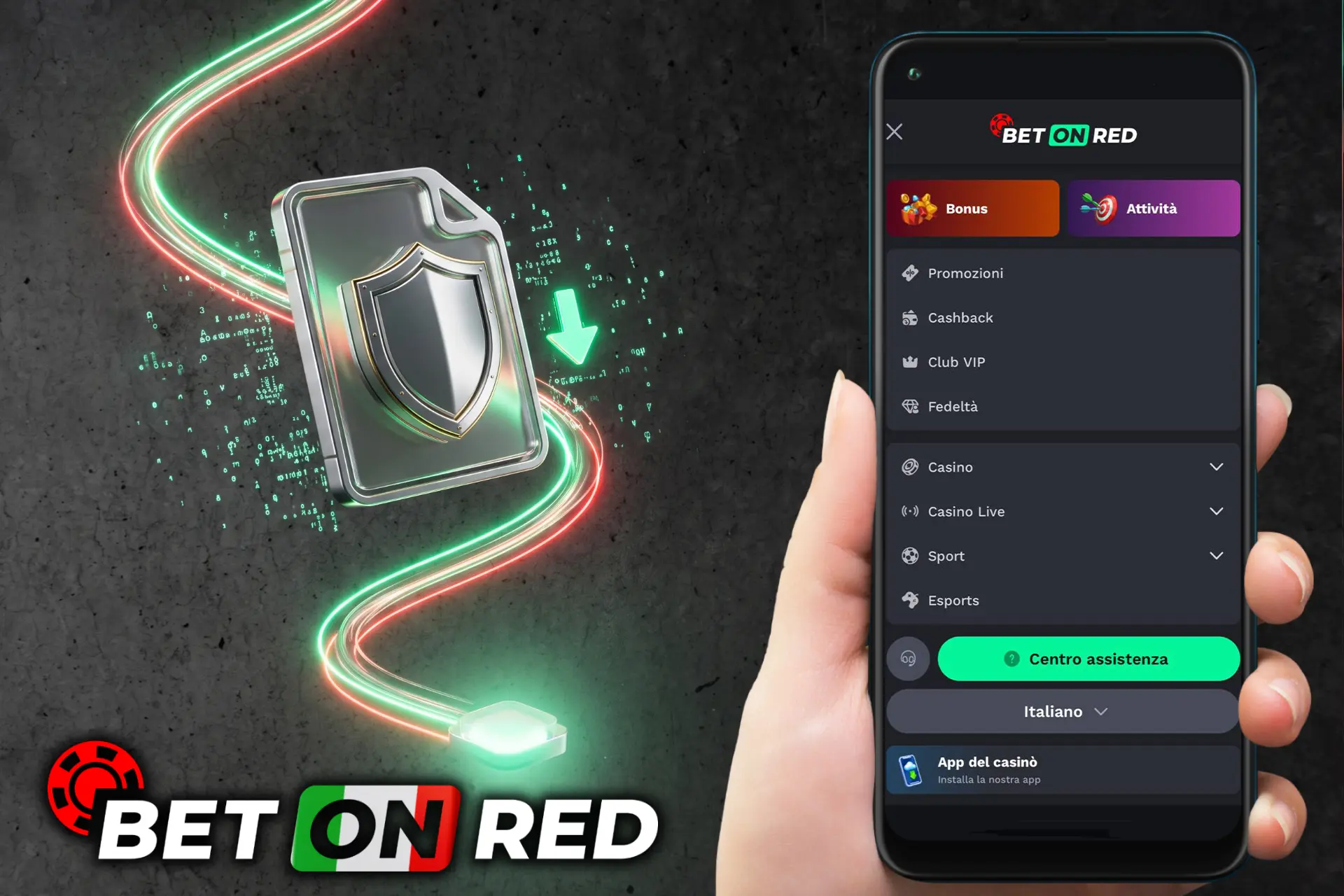 Download sicuro dell'applicazione per casinò online con protezione dei dati, illustrato da uno smartphone accanto a un file protetto da scudo e freccia neon.