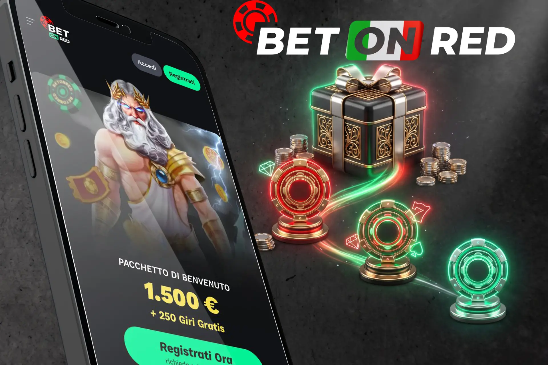 Offerta di benvenuto con bonus sul deposito e giri gratuiti, illustrata da uno schermo mobile accanto a un pacco regalo e gettoni luminosi su piedistalli.