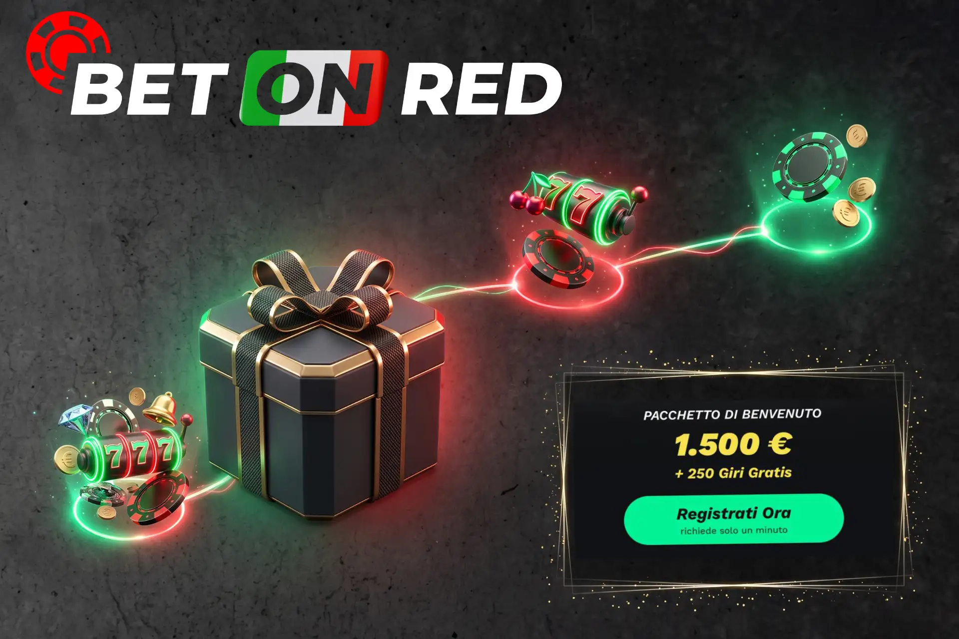 Generoso pacchetto di benvenuto con bonus sul deposito e giri gratis, illustrato da un elegante pacco regalo con simboli 777 e fiches luminose.