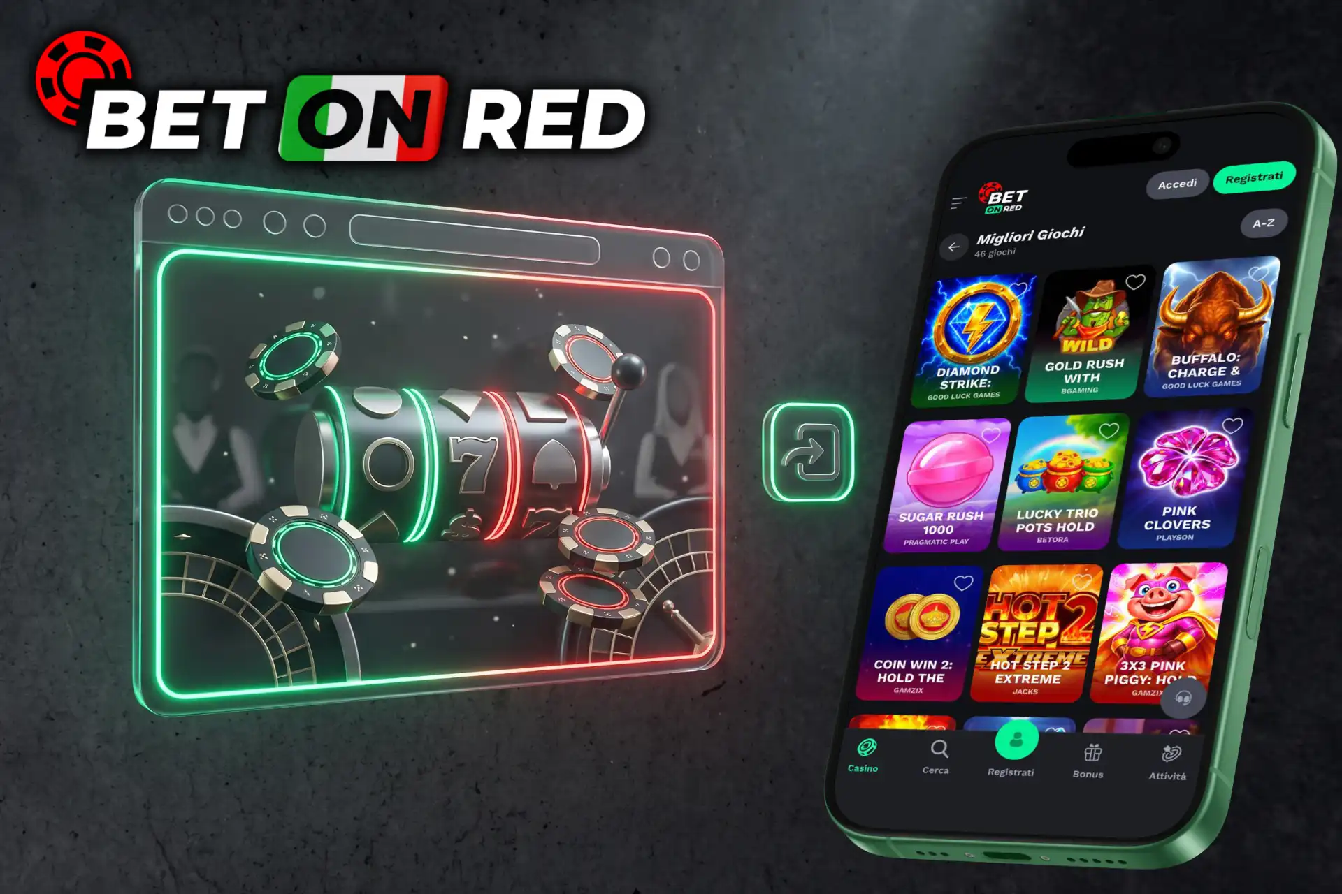 Versione per iPhone e compatibilità iOS del casinò online BetOnRed, mostrata su smartphone accanto a una finestra browser con rulli 777 e fiches.