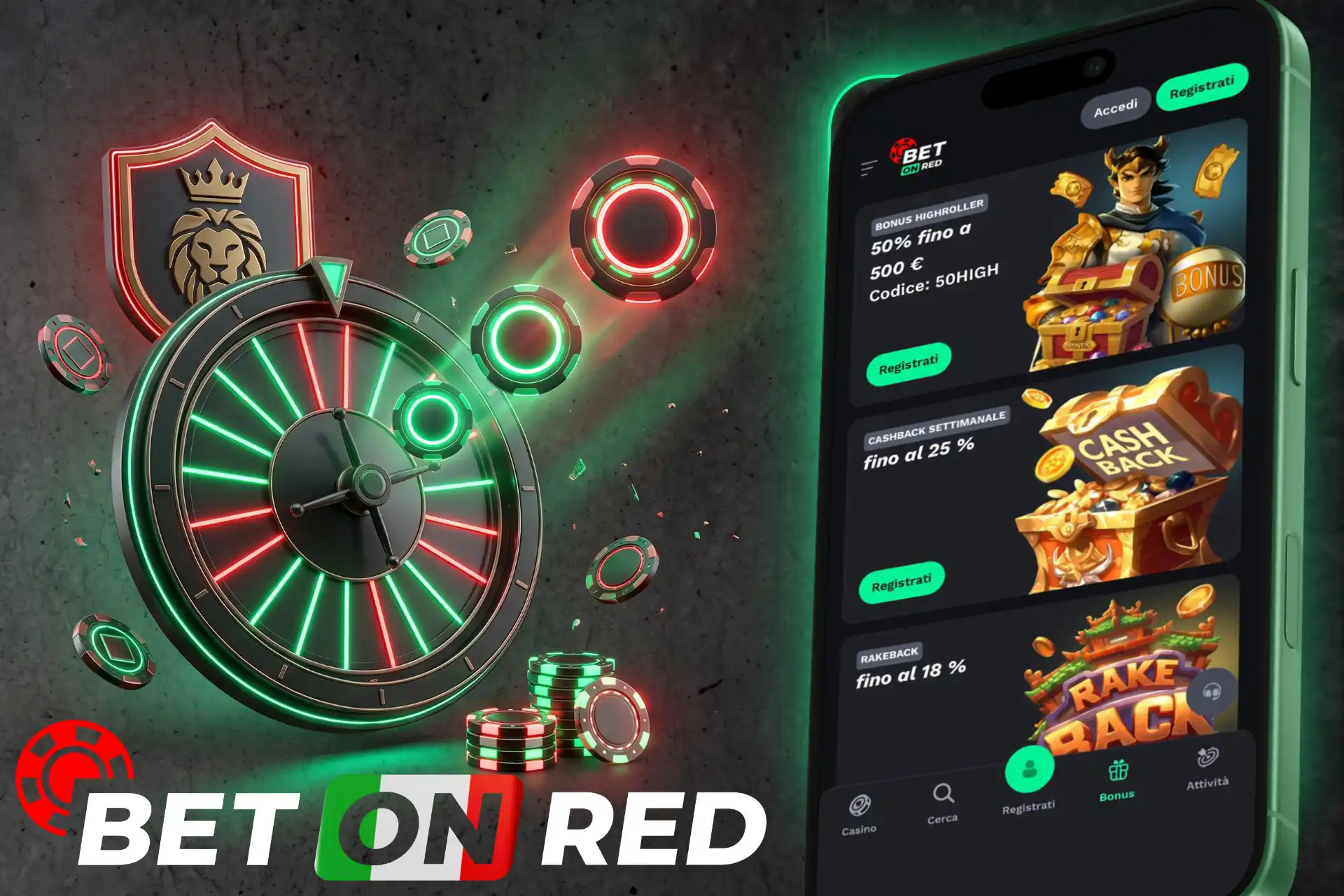 Promozioni regolari, cashback settimanale e bonus highroller su BetOnRed, mostrati su schermo mobile insieme a una roulette al neon e fiches da gioco.