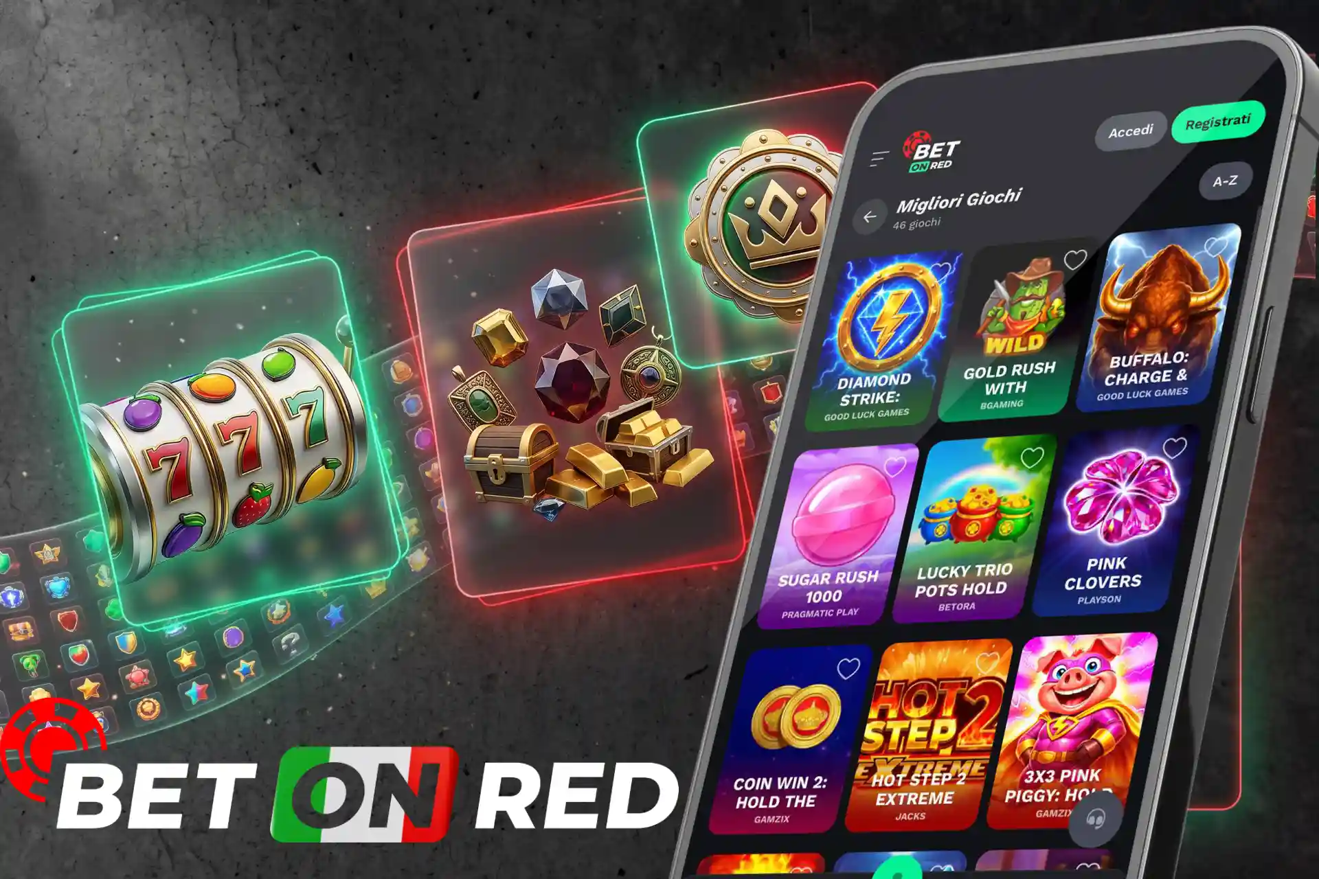Vasto catalogo di giochi da casinò e slot machine online popolari, visualizzato su smartphone con carte olografiche di gemme, tesori e rulli 777.