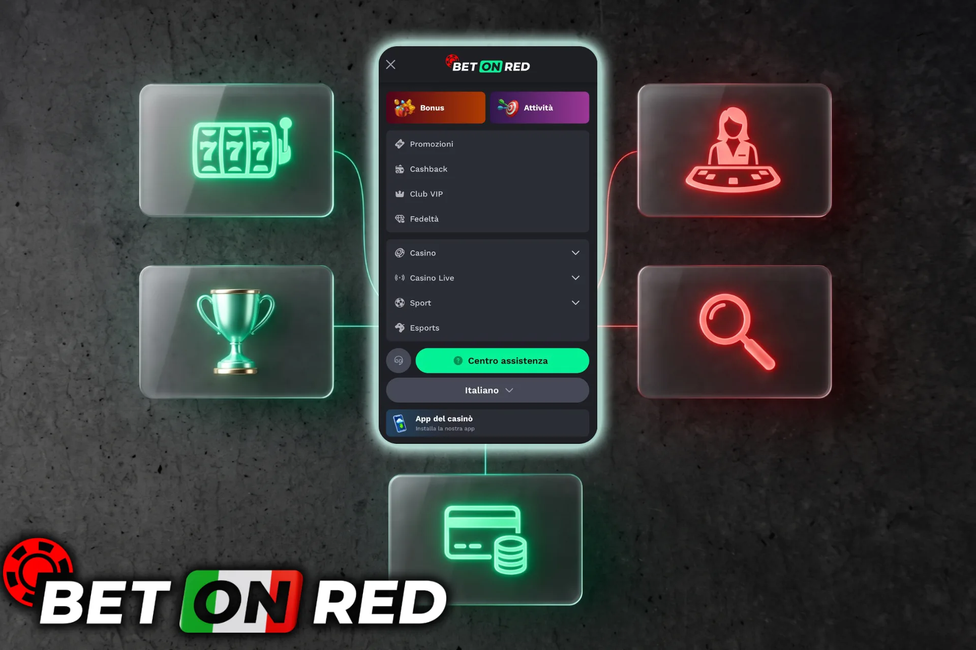 Panoramica delle funzioni disponibili nell'applicazione da gioco, visualizzata su display mobile circondato da schede olografiche di slot, trofei e live dealer.