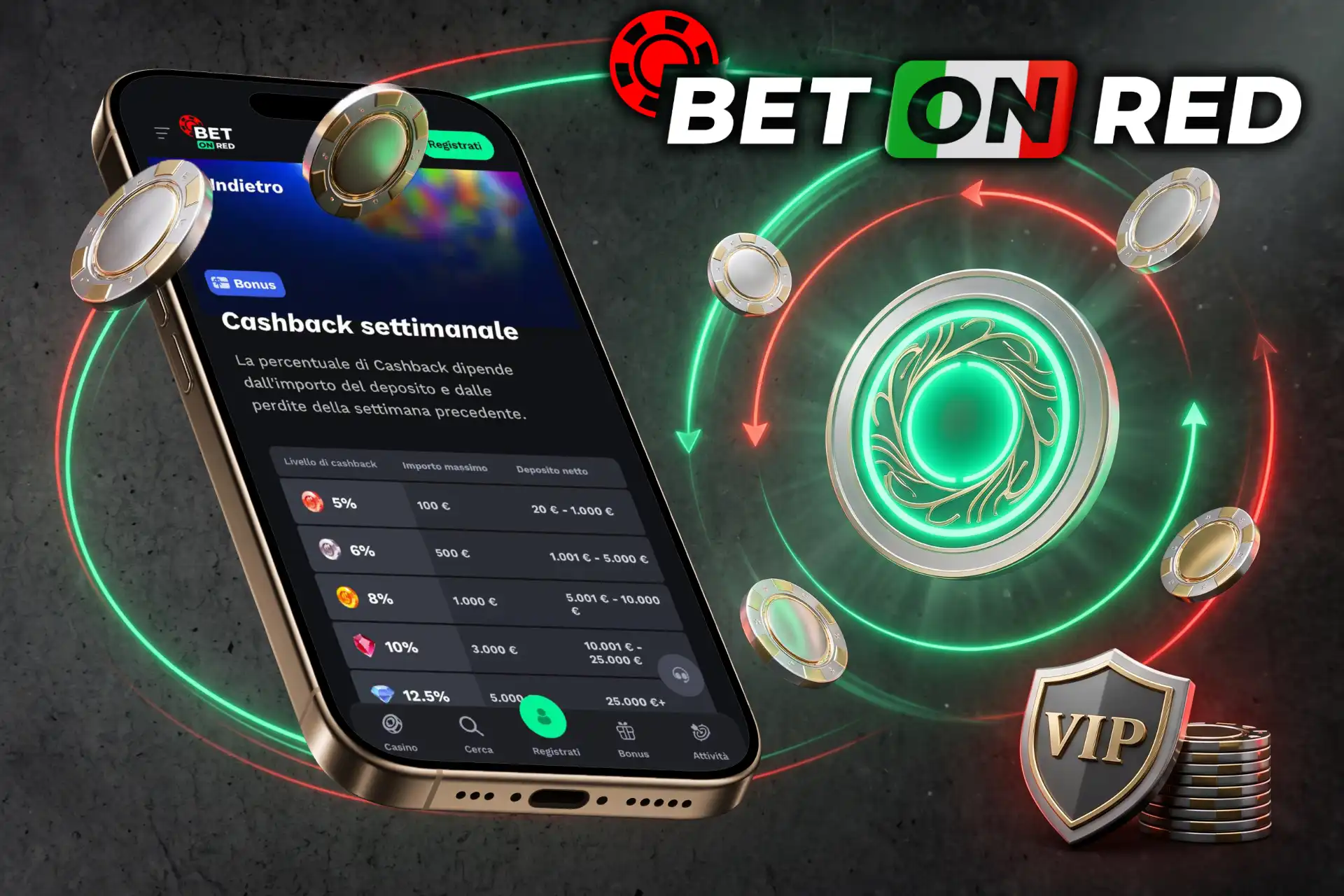 Programma di cashback settimanale e vantaggi per giocatori VIP su BetOnRed, visualizzati su schermo mobile con un emblema luminoso a frecce e scudo VIP.