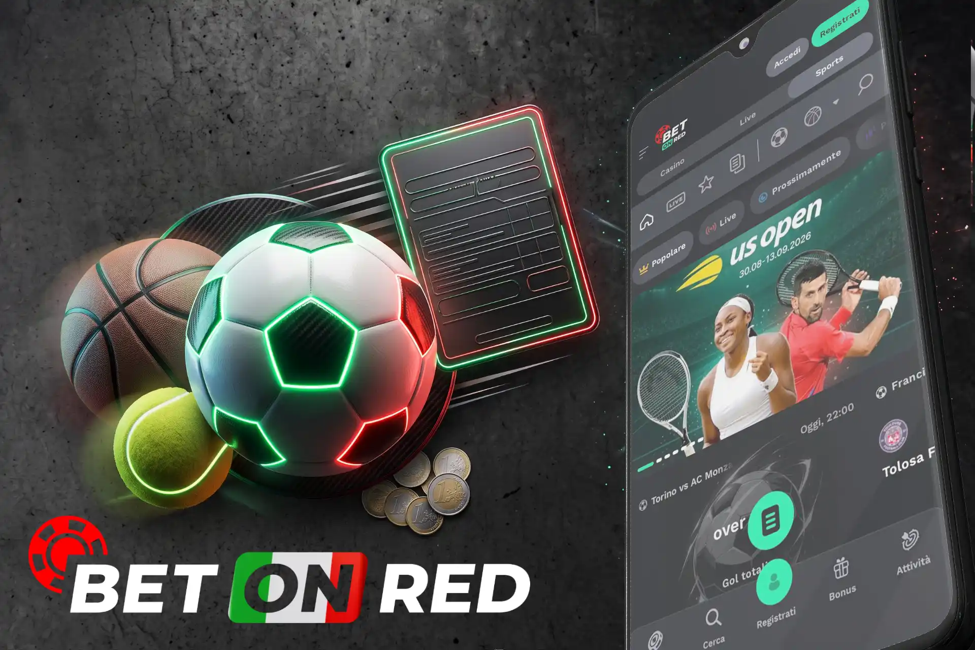 Sezione scommesse sportive ed eventi live sulla piattaforma BetOnRed, presentata su display mobile con pallone da calcio al neon, schedina e monete.