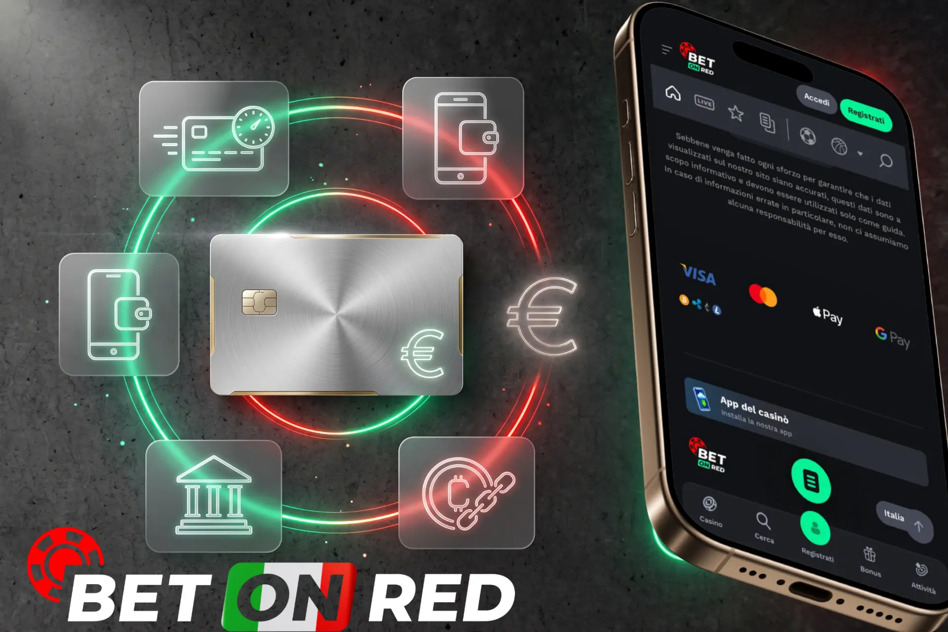 Metodi di pagamento rapidi e sicuri per depositi e prelievi, raffigurati su schermo telefonico con una carta di credito circondata da circuiti neon.