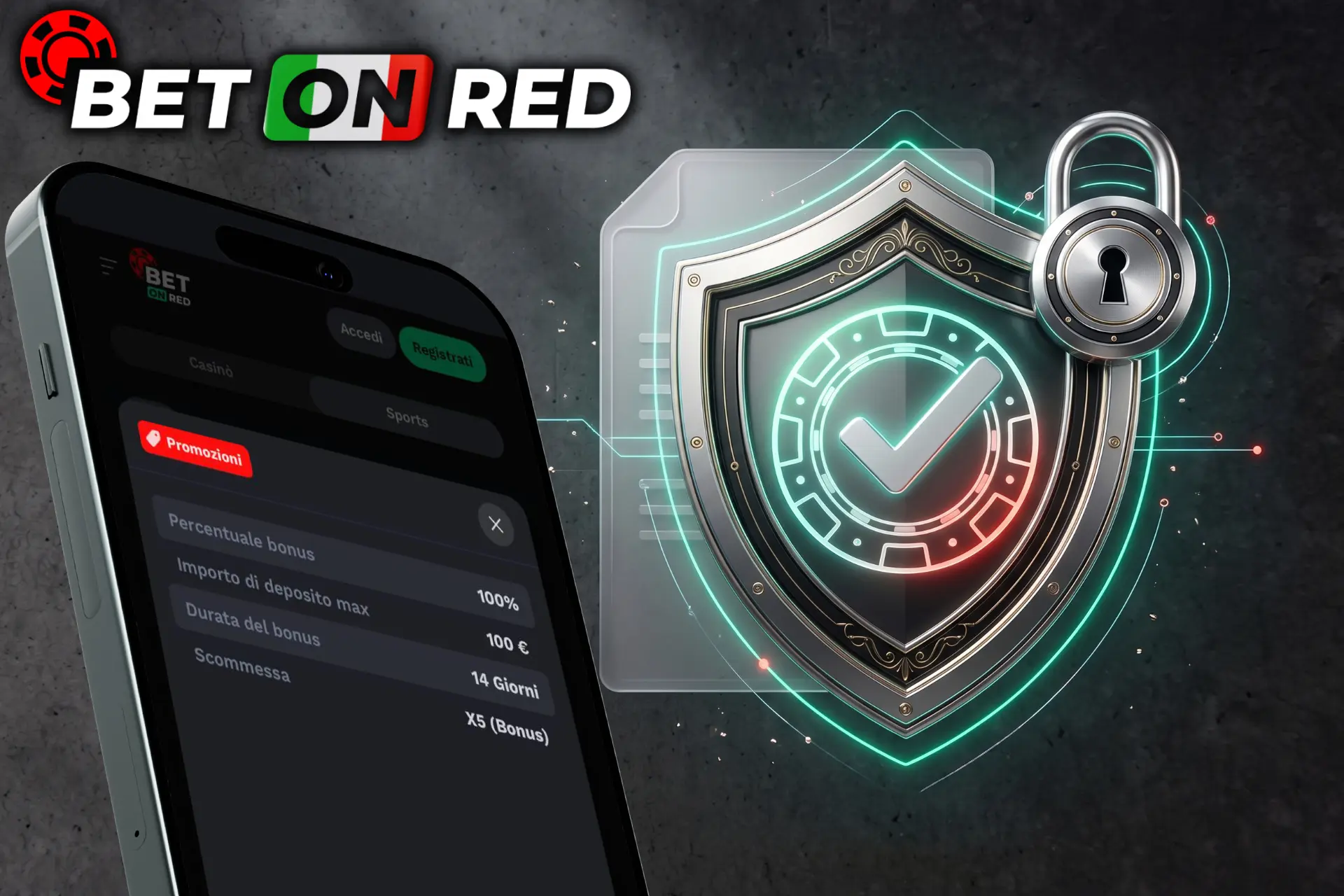 Termini, condizioni e requisiti di scommessa del conto bonus BetOnRed, illustrati su smartphone accanto a un solido scudo con spunta verde e lucchetto.