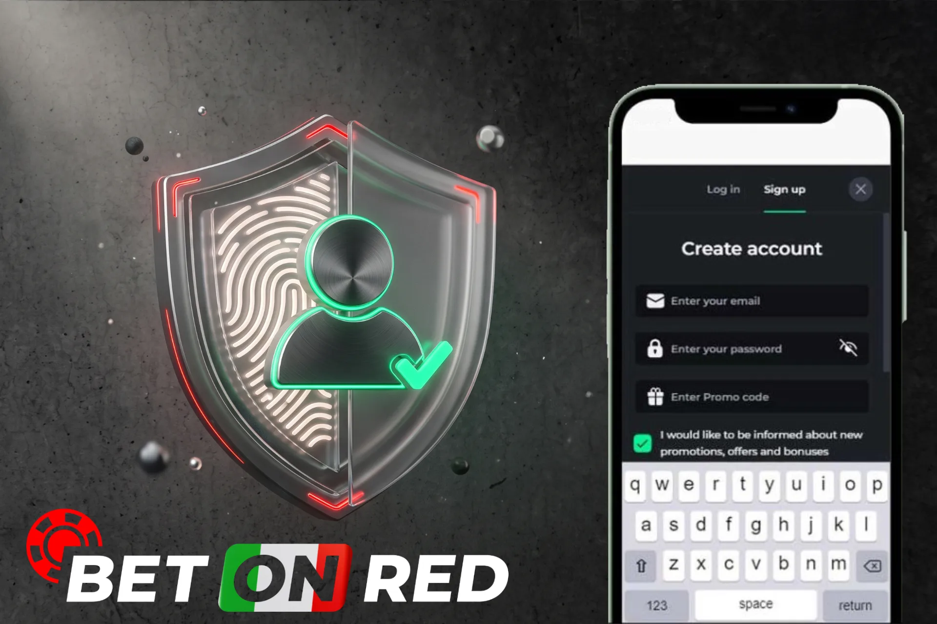Procedura di registrazione rapida e sicura dell'account su BetOnRed, mostrata su smartphone accanto a uno scudo protettivo con impronta digitale.